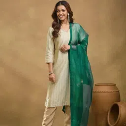 Fabindia Teal Silk Hand Embroidered Dupatta-image-30