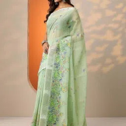 Libas Green Regular Fit Floral Print Saree With Unstitched Blouse image 3