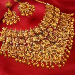 OOMPH Antique Gold Tone Red & Green Stone Laxmi Choker Necklace Set for Women-picture-45