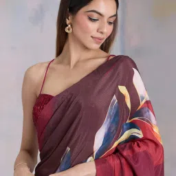navyasa by liva Maroon Printed Saree With Unstitched Blouse image 5