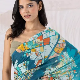 navyasa by liva Blue Printed Saree With Unstitched Blouse image 5