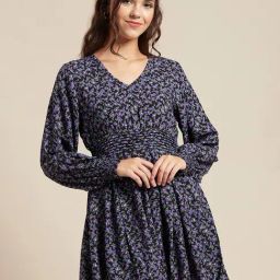 Moomaya Purple Floral Print Fit & Flare Dress-picture-40