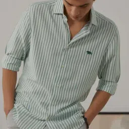 ANDAMEN Green Slim Fit Striped Cotton Shirt-image-47