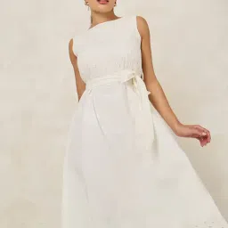 Styli Off White Self Design A Line Dress-image-73
