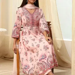Biba Peach Cotton Printed Kurta and Pant with Dupatta image 5