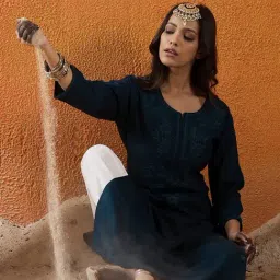 Indo Era Teal Regular Fit Embroidered Kurta-image-6