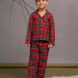 Budding Bees Boys Red Cotton Checks Full Sleeves Night Suits-picture-0