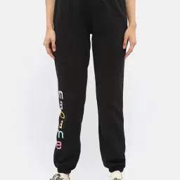 MADAME Black Cotton Logo Print Mid Rise Joggers-image-27