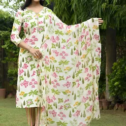 KALINI Floral Printed V-Neck Straight Kurta With Trousers And Dupatta image 4