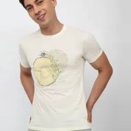Peter England Beige Slim Fit Printed T-Shirt-image-23