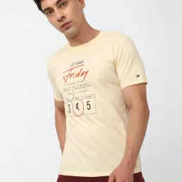 Peter England Yellow Slim Fit Printed T-Shirt-image-2