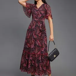 Miss Chase Multicolored Base Black Bohemian Flutter Sleeve Chiffon Relaxed Fit Wrap Maxi Dress image 3