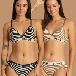 Friskers Black & Brown Striped Non-Wired Bra & Panty Set - Pack of 2-image-39