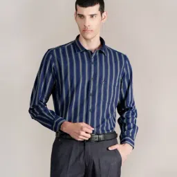 Cantabil Navy Blue Cotton Regular Fit Striped Shirt-image-88