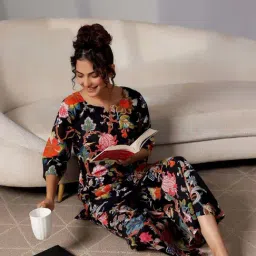 Libas Black Straight Fit Floral Print Night Suit image 4