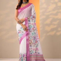 Libas White Regular Fit Floral Print Saree With Unstitched Blouse-image-91