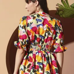 ZWERLON Women Abstract Printed Mandarin Collar Puff Sleeve Smocked Peplum Top image 2