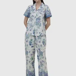 Fabindia Off-White & Blue Cotton Floral Print Shirt Pyjama Set-picture-33
