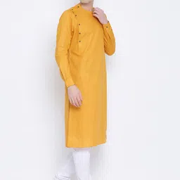 NAMASKAR Men Mustard Yellow & White Cotton Solid Kurta with Churidar image 4