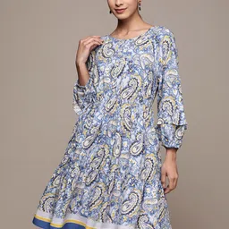 Label Ritu Kumar Blue & Yellow Ethnic Motifs A-Line Dress image 1
