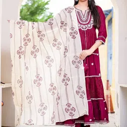KIAARON Women Embroidered Empire Pure Cotton Kurta with Trousers & With Dupatta-picture-19