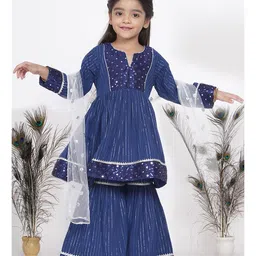 Little Bansi Full Sleeves Sequin Mirror Work Yoke Gathered Kurta With Sharara & Dupatta - Blue-picture-28