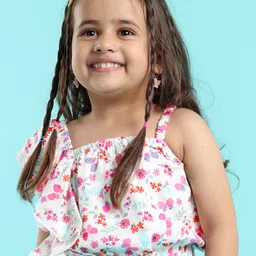 Babyhug 100% Rayon Woven Sleeveless One Shoulder Crop Top With Frill & Lace Detailing Floral Print- White-picture-32