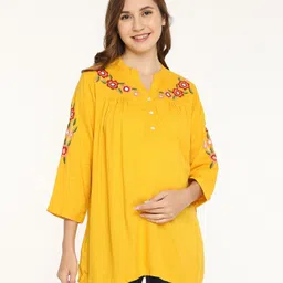 Bella Mama Woven Three Fourth Sleeves Floral Embroidered Maternity Top - Mustard-picture-23