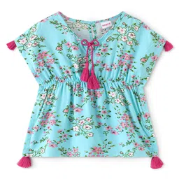 Babyhug 100% Woven Half Sleeves Kaftan Top with Floral Print & Tassel Detailing - Blue-picture-14