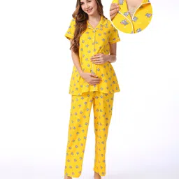 Bella Mama 100% Cotton Knit Half Sleeves Nursing Night Suit Elephant Print - Yellow-picture-34