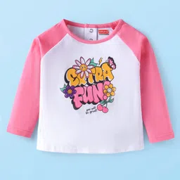 Babyhug Cotton Knit Full Raglan Sleeves T-Shirt With Text & Floral Print - Pink & White-picture-28
