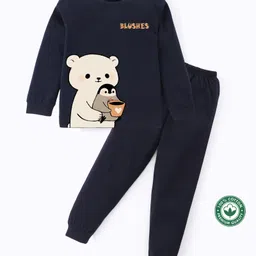 BLUSHES 100% Cotton Knit Full Sleeves Polar Bear & Penguin Printed Coordinating Night Suit - Navy Blue-picture-28