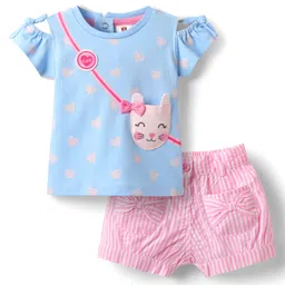 ToffyHouse Knitted Cold Shoulder Sleeves Top and Shorts Set with Stripes & Cat Print - Pink & Light Blue-picture-26