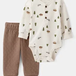 Carter's Knit Full Sleeves Onesie with Leggings & Jungle Theme Print - Brown & White-picture-22