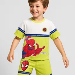 Pine Kids Marvel Terry Knit Half Drop Shoulder Sleeves Cut & Sew Oversized T-Shirt & Shorts Set With Spider-Man Graphics - Multicolor-image-1