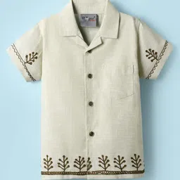 Dapper Dudes Woven Half Sleeves Leaves Embroidered Shirt - Fawn-picture-11