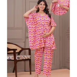 CeleBravo Cotton Woven Half Batwing Sleeves Floral Printed Maternity Ethnic Kaftan Style Kurta With Nursing Access & Pant Set - White-picture-24