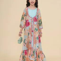Bitiya By Bhama Silk Woven Gota Lace Embellished Dress With Three Fourth Sleeves Floral Printed Jacket Set - Sea Green-picture-11