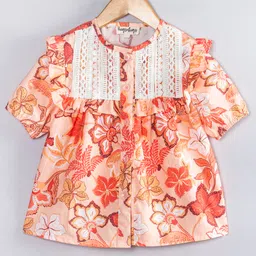 Hugsntugs Cotton Woven Half Sleeves Floral Printed & Lace At Yoke Detailed Top - Orange-picture-19