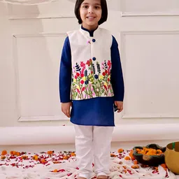 KID1 Cotton Woven Full Sleeves Solid Kurta & Pyjama With Floral Embroidered Jacket Set - White & Blue-picture-20