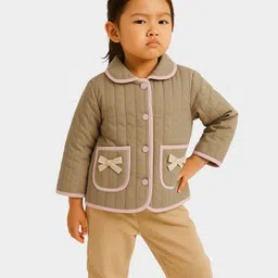 Mi Arcus Woven Full Sleeves Bow Applique Detailed Light Winter Quilted Jacket - Beige-picture-22