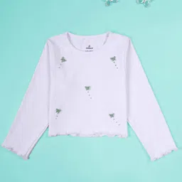 Kiddopanti Cotton Knit Full Sleeves Butterfly Applique Detailed Ribbed Tee - White image 1
