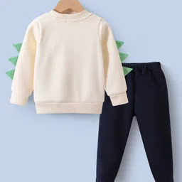 Kookie Kids Full Sleeves Winter Wear T-Shirt & Lounge Pant Set with Dino Applique - Off White & Navy Blue image 2