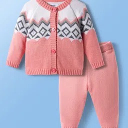 Babyoye Cotton Knit Full Raglan Sleeves Front Open Sweater Set with Fair Isle Design - Pink image 2
