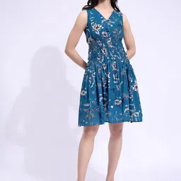 PURVAJA Women Floral Printed V-Neck Smocked Fit & Flare Dress-picture-14