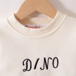 Kookie Kids Full Sleeves Winter Wear T-Shirt & Lounge Pant Set with Dino Applique - Off White & Navy Blue image 3