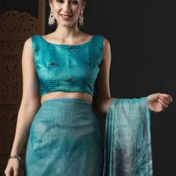 Saree Mall Blue Floral Print Saree With Unstitched Blouse image 5