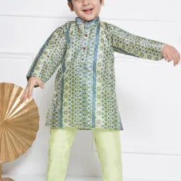 AJ Dezines Kids Green Printed Full Sleeves Kurta with Pyjamas-image-83