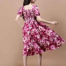 Pinly Floral Print Puff Sleeve Crepe Fit & Flare Midi Dress image 4