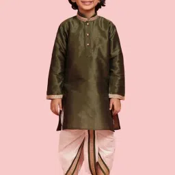 AJ Dezines Kids Olive Green & White Embroidered Full Sleeves Kurta Set-picture-14